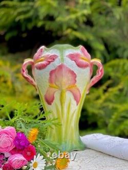 French Art Nouveau large green Vase with pink Iris