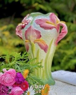 French Art Nouveau large green Vase with pink Iris