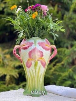 French Art Nouveau large green Vase with pink Iris