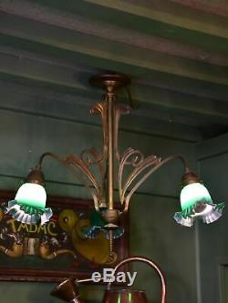 French Art Nouveau three light pendant with green glass lampshades