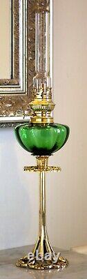 French Int. Ribbed Green + Pierced Art Nouveau Brass Candle Stick Peg Oil Lamp