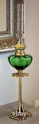 French Int. Ribbed Green + Pierced Art Nouveau Brass Candle Stick Peg Oil Lamp