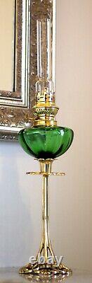 French Int. Ribbed Green + Pierced Art Nouveau Brass Candle Stick Peg Oil Lamp