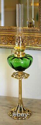 French Int. Ribbed Green + Pierced Art Nouveau Brass Candle Stick Peg Oil Lamp