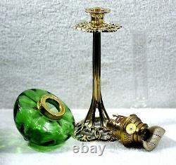 French Int. Ribbed Green + Pierced Art Nouveau Brass Candle Stick Peg Oil Lamp