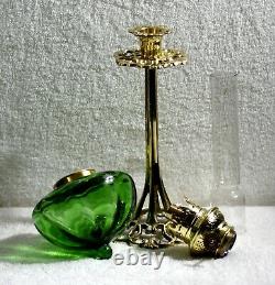 French Int. Ribbed Green + Pierced Art Nouveau Brass Candle Stick Peg Oil Lamp