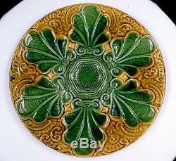 French Majolica Art Nouveau Green & Yellow Stylized Leaves 10 Oyster Plate 1800