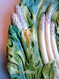 French SUPERB Majolica dish asparagus and artichokes, Art Nouveau LUNEVILLE