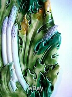 French SUPERB Majolica dish asparagus and artichokes, Art Nouveau LUNEVILLE