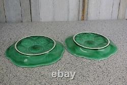 French Sarreguemines Majolica Oyster Plates Green 6 Wells Signed Set of 2