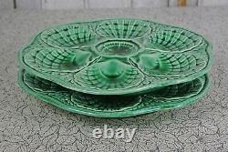 French Sarreguemines Majolica Oyster Plates Green 6 Wells Signed Set of 2