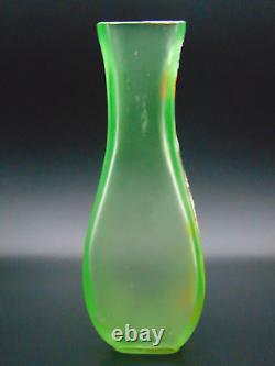 Fritz Heckert Art Nouveau Satin Vaseline Enameled Strawberry Girl Glass Vase