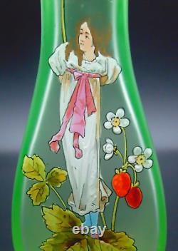 Fritz Heckert Art Nouveau Satin Vaseline Enameled Strawberry Girl Glass Vase