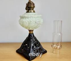 GORGEOUS ANTIQUE ART NOUVEAU OIL LAMP 1890's OPALINE GREEN GLASS BURNER & WICK