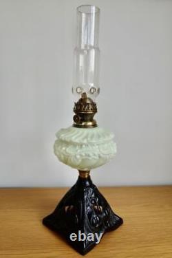 GORGEOUS ANTIQUE ART NOUVEAU OIL LAMP 1890's OPALINE GREEN GLASS BURNER & WICK