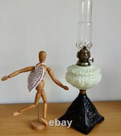 GORGEOUS ANTIQUE ART NOUVEAU OIL LAMP 1890's OPALINE GREEN GLASS BURNER & WICK