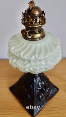GORGEOUS ANTIQUE ART NOUVEAU OIL LAMP 1890's OPALINE GREEN GLASS BURNER & WICK