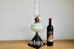 GORGEOUS ANTIQUE ART NOUVEAU OIL LAMP 1890's OPALINE GREEN GLASS BURNER & WICK