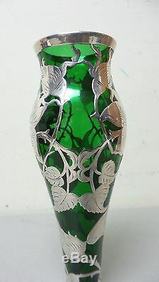 GORGEOUS ART NOUVEAU SILVER OVERLAY on GREEN ART GLASS VASE, 10 HIGH