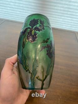 GORGEOUS VTG ART NOUVEAU Green Art Glass Vase With Embossed Flowers 7.75H HTF