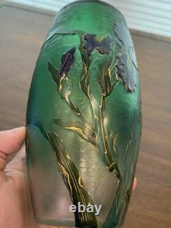 GORGEOUS VTG ART NOUVEAU Green Art Glass Vase With Embossed Flowers 7.75H HTF