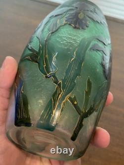 GORGEOUS VTG ART NOUVEAU Green Art Glass Vase With Embossed Flowers 7.75H HTF