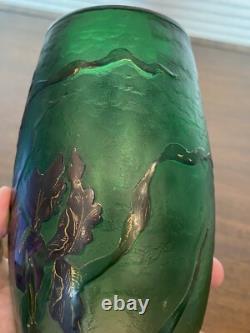 GORGEOUS VTG ART NOUVEAU Green Art Glass Vase With Embossed Flowers 7.75H HTF