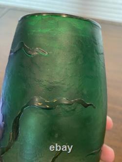 GORGEOUS VTG ART NOUVEAU Green Art Glass Vase With Embossed Flowers 7.75H HTF