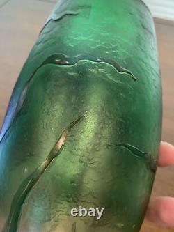 GORGEOUS VTG ART NOUVEAU Green Art Glass Vase With Embossed Flowers 7.75H HTF