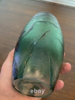 GORGEOUS VTG ART NOUVEAU Green Art Glass Vase With Embossed Flowers 7.75H HTF