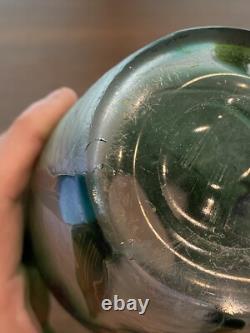 GORGEOUS VTG ART NOUVEAU Green Art Glass Vase With Embossed Flowers 7.75H HTF