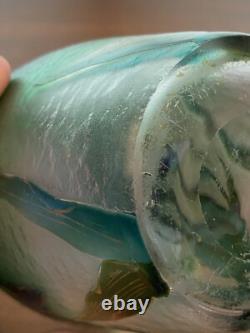 GORGEOUS VTG ART NOUVEAU Green Art Glass Vase With Embossed Flowers 7.75H HTF