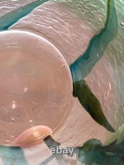 GORGEOUS VTG ART NOUVEAU Green Art Glass Vase With Embossed Flowers 7.75H HTF