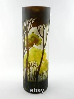 Galle Inspired 15 Inch Height Cameo Art Nouveau Glass Vase Cylinder Forest Scene
