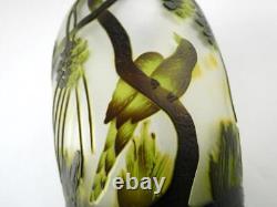 Galle Inspired Art Nouveau Style Cut Cameo Art Glass Vase Birds and Pinecones