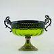 German Antique Art Nouveau Wmf Lime Green Glass Silver Plated Swan Handled Dish