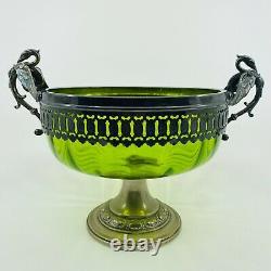 German Antique Art Nouveau WMF Lime Green Glass Silver Plated Swan Handled Dish