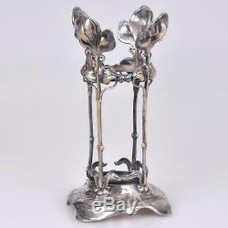 German Wmf Jugendstil Art Nouveau Silver Plated Brass Vase Vaseline Glass Insert