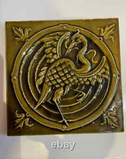 Giliot & Cie Green Prancing Stork Ceramic Antique Art Nouveau Belgian Tile c1900