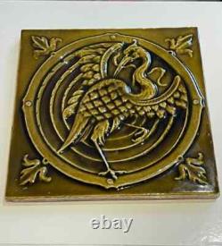 Giliot & Cie Green Prancing Stork Ceramic Antique Art Nouveau Belgian Tile c1900