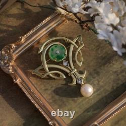 Gold Green White Jade Donut Pearl Pendant Brooch Art Nouveau Style SB38