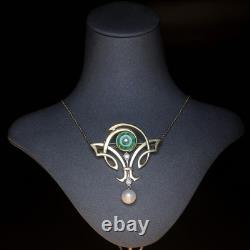 Gold Green White Jade Donut Pearl Pendant Brooch Art Nouveau Style SB38