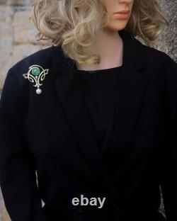 Gold Green White Jade Donut Pearl Pendant Brooch Art Nouveau Style SB38
