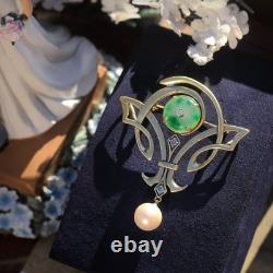 Gold Green White Jade Donut Pearl Pendant Brooch Art Nouveau Style SB38