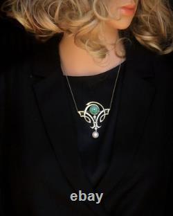 Gold Green White Jade Donut Pearl Pendant Brooch Art Nouveau Style SB38