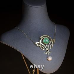 Gold Green White Jade Donut Pearl Pendant Brooch Art Nouveau Style SB38