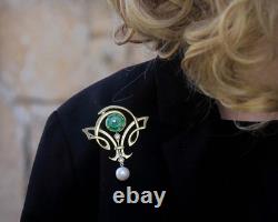 Gold Green White Jade Donut Pearl Pendant Brooch Art Nouveau Style SB38