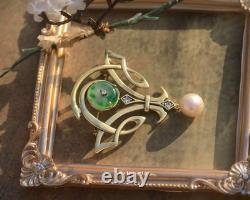 Gold Green White Jade Donut Pearl Pendant Brooch Art Nouveau Style SB38