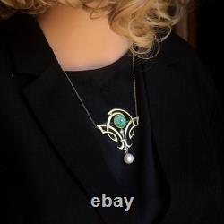 Gold Green White Jade Donut Pearl Pendant Brooch Art Nouveau Style SB38