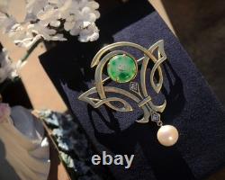 Gold Green White Jade Donut Pearl Pendant Brooch Art Nouveau Style SB38